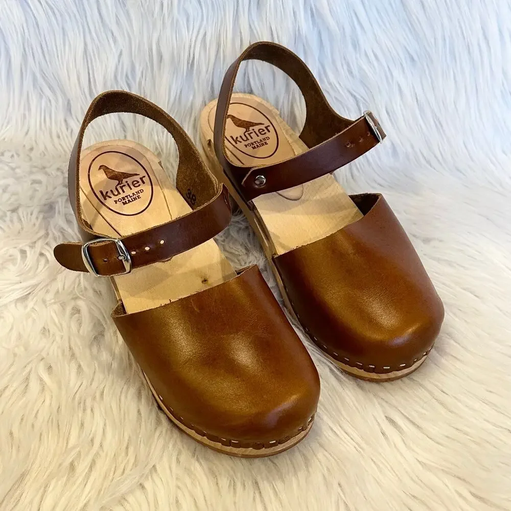 Kurier Charlie Mary Jane Clogs Leather High Heel Block Heel Wooden, Pecan Brown - Picture 3 of 14